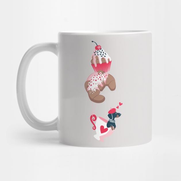 Pastel café sweet love dream // print // red and pink pastry details blue dachshund dog puppy by SelmaCardoso